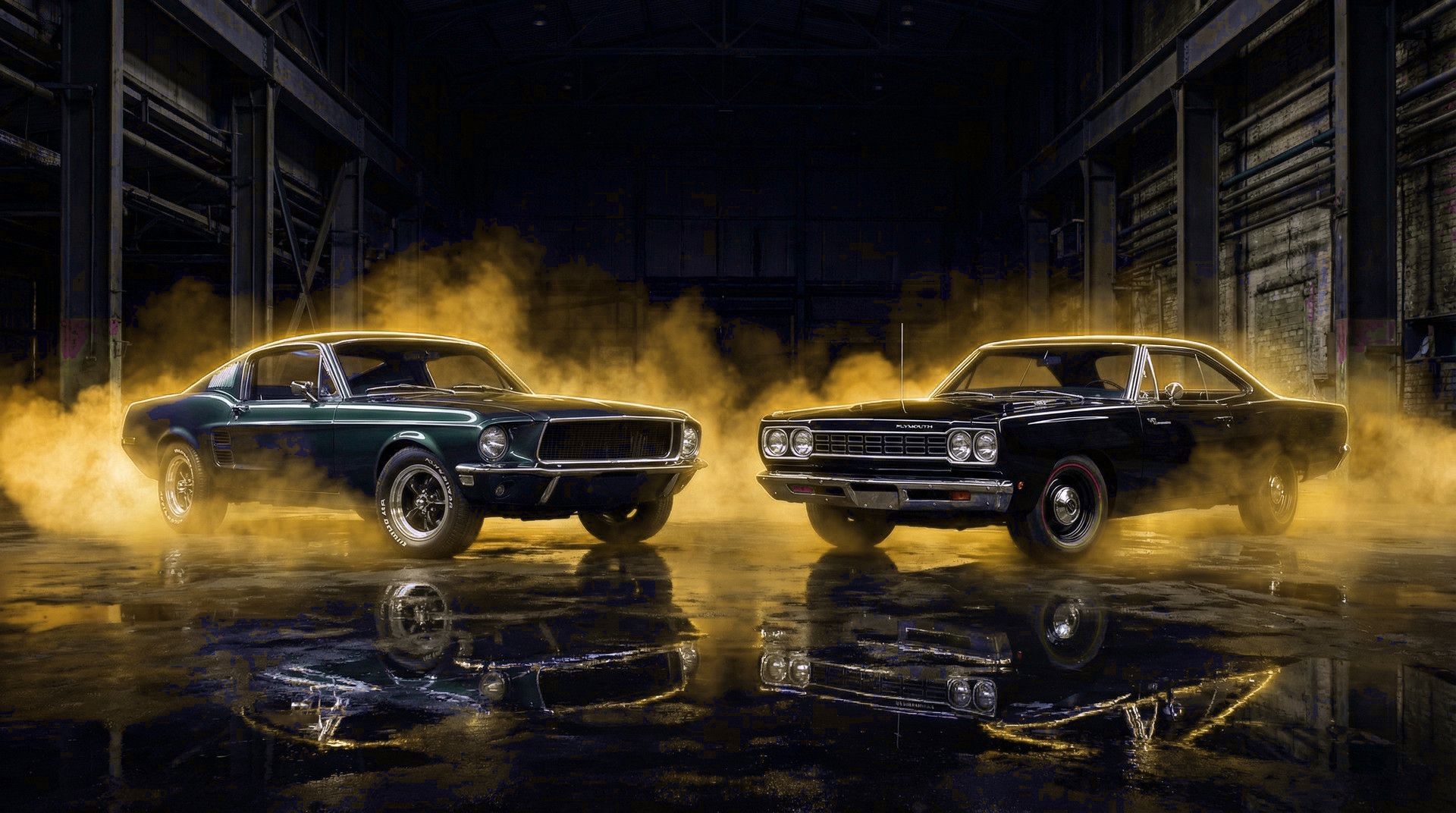 Dois muscle cars clássicos restaurados em uma oficina iluminada por fumaça dourada